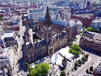 manchester radnice, letecký pohled, kultovní budova, Spojené království, panoráma města, městské krajiny, historické architektury, veřejné náměstí, stany události, okolní ulice, centrum města
