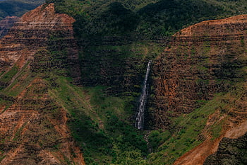 ngarai waimea, Gunung hijau, gunung coklat, air terjun, Tebing yang semarak, formasi geologi, pemandangan alam, hawaii, pemandangan indah, Kecantikan luar ruangan