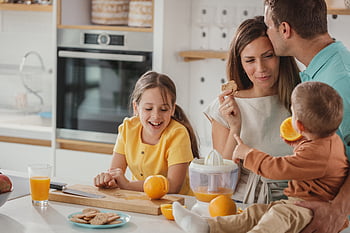 family, breakfast, table, kitchen, child, father, male, man, people, smiling, happy