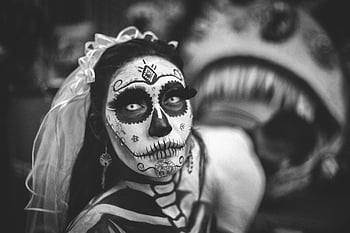 Day of the Dead, Corpse Bride, greyscale photo, black and white, Day of the Dead makeup, veil, dramatic portrait, woman, Halloween, skeleton, sugar skull