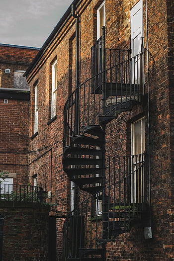 fire Escape, spiral, building, stairs, brick Wall, architecture, stairway, staircase, steps, railing, structure