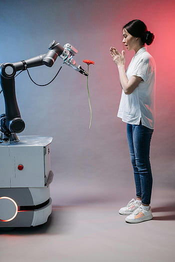 ロボットアーム、 赤い花、 驚いた女性、 スタジオ設定、 花を贈呈するロボット、 人間とロボットの相互作用、 未来技術、 感情的な反応、 人工知能、 スタジオ撮影、 ロボットハンド