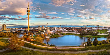 Munich Olympic Park, sunset view, iconic tower, panoramic view, lake, Olympic Park Munich, sunset panorama, park scenery, urban landscape, city skyline, river view