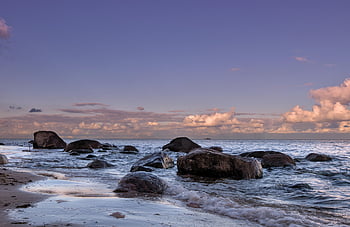 rock, nature, stones, sea, coast, seascape, baltic Sea, sunset, dusk, landscape