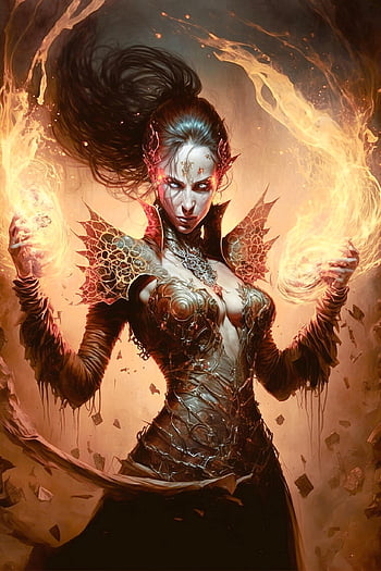 magic, fantasy, sorceress, woman, female, dungeon, flames, dark, containes Ai Genarated Elements