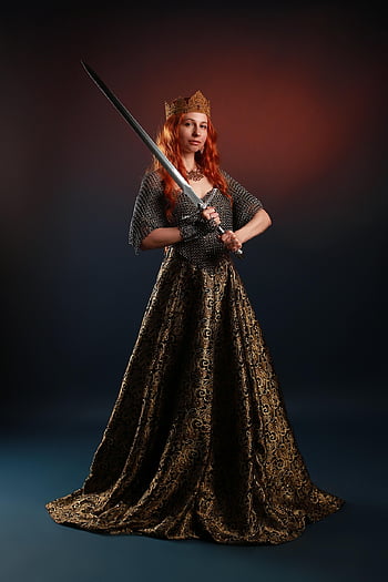 queen, sword, middle Ages, portrait, blade, red Hair, historical, fantasy, dress, crown, diadem