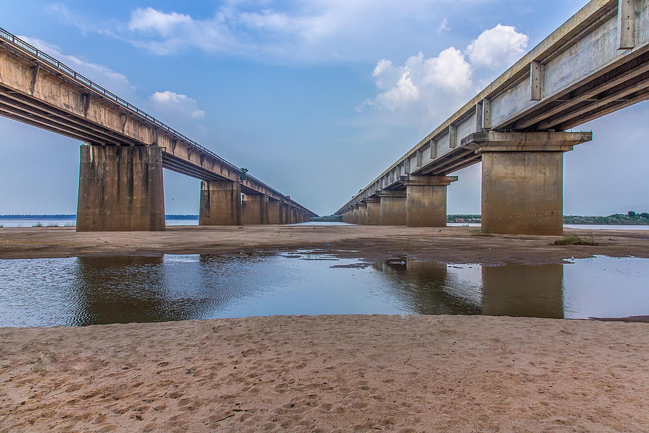 Indie, východní godavari, amalapuram, ravulapalem, Příroda, konaseema, nebe, řeka, písek, vasishta godavari, dvojitý most