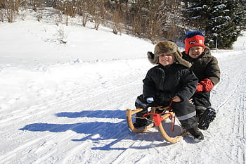 キッズ、 男の子たち、 子供、 幼年期、 遊びます、 雪、 冬、 自然、 そり、 屋外
