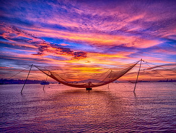 sunrise, sea, nature, fishing Net, dawn, vietnam, binh Minh, clouds
