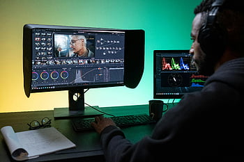 záběry úpravy člověka, duální monitory, moderní studio, úprava videa, počítač, lavice, sluchátka, barevné třídění, Profesionální nastavení, pracovního prostoru, post produkce