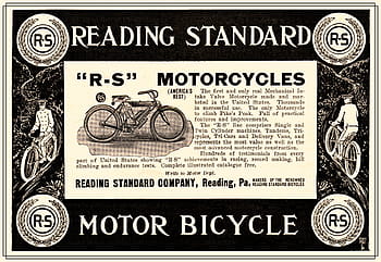 Olvasási standard, motorkerékpárok, Vintage reklám, Amerikai motorkerékpárok, R-S motorkerékpárok, Charles Gustafson, V-Twin motorok, Olvassa el Pennsylvania -t, történelmi márka, cleveland ohio, motoros kerékpár