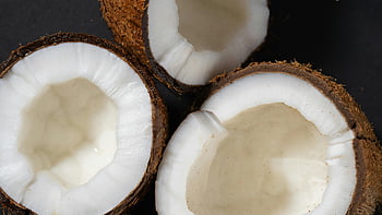 kokosový ořech, Kokosové poloviny, čerstvý kokos, bílé jádro, hnědá skořápka, Obrázek s vysokým rozlišením, kokosové ovoce, kokosový interiér, Kokosový detail, kokosové řezy, Kokosové maso