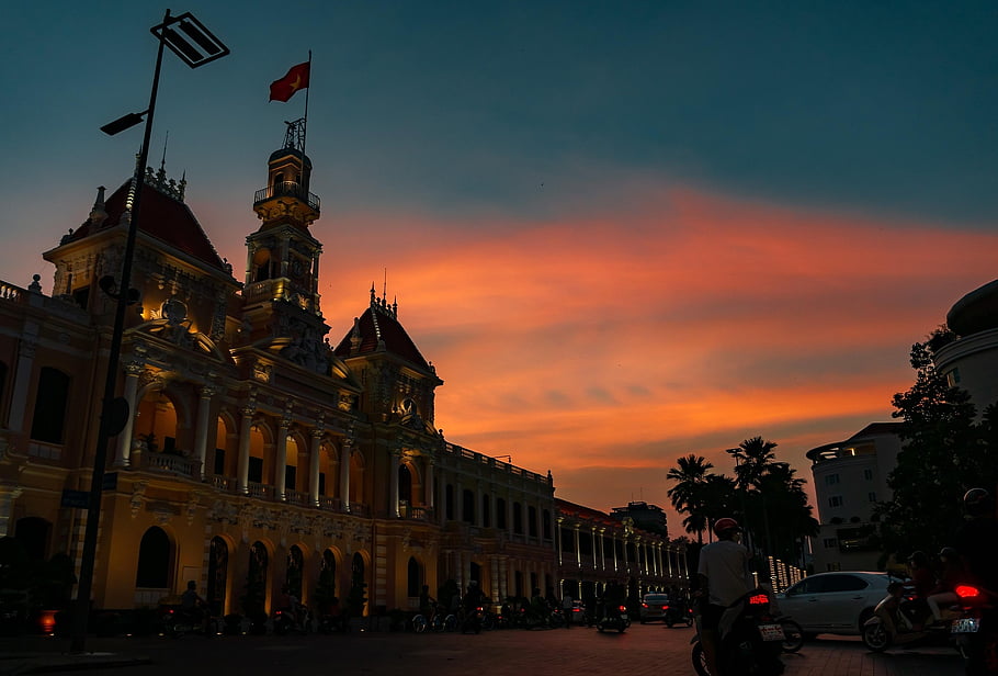 sunset, town Hall, nature, city, vietnam, street, view, saigon