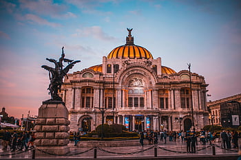 palacio de bellas artes, Mexico City, západ slunce, historické budovy, turistů, zářivé barvy, architektonické mezník, Kulturní centrum, večerní scéna, veřejné náměstí, cíl cesty
