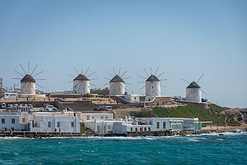 mykonos, Řecko, větrné mlýny, bílý, moře, cestovní ruch, ostrov, letní, Kyklady, nebe, architektura