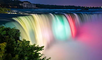niagara falls, tidsforskydning, lang eksponering, nat fotografering, farverigt vand, flydende vand, tåge, vandfald, belyst, naturskøn, natur