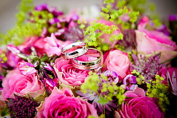 svatební prsteny, Růžová květinová kytice, elegantní svatba, Vibrující růžové květy, Láska a oslava, detailní fotografie, romantické květiny, květinové aranžmá, svatební doplňky, Romantické šperky, růžové růže