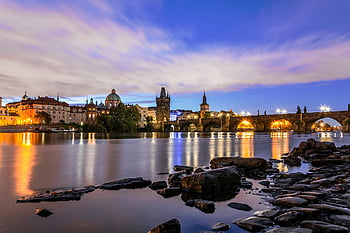 Praha, Karlův most, Příroda, panoráma města, Česká republika, architektura, ráno, cestovat, katedrála, kostel, město