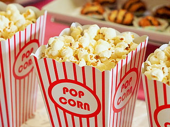 popcorn, selektivní zaměření, gurmán popcorn, Červené a bílé pruhované krabice, Kino Snack, detail, Popcorn Boxes, Klasický popcorn, filmové občerstvení, pruhované krabice, Kontejner popcorn