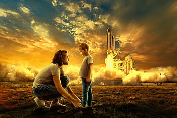 father-day, rocket, digital Art, flying, universe, technology, fantasy, sci-fi, planet, galaxy, travel
