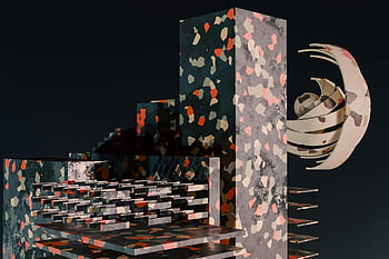 Modello 3d, costruzione, grande pezzo di carta, rendering digitale, struttura architettonica astratta, motivi geometrici colorati, sfondo scuro, architettura moderna, Design Artistico, arte digitale, visualizzazione architettonica