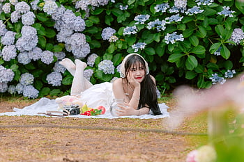 woman, face, flowers, hydrangeas, hoa, vietnam, colorful, pink, bloom, summer, asian