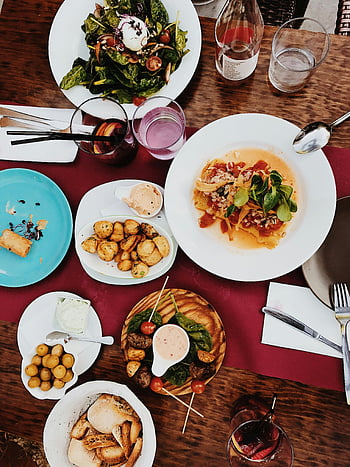 dinnerware, table, gourmet dishes, colorful spread, classy dinner table, salad, potatoes, bread, drinks, wine, appetizers