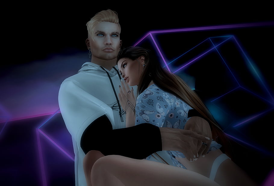 Protection Doctrine, Suneye, couple, neon lights, intimate pose, digital art, man, woman, protective stance, night scene, futuristic background