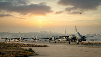 jet planes, military fighter jets, takeoff, sunset, line of jets, scenic sunset, fighter jets, military aircraft, runway, aviation, sunset takeoff