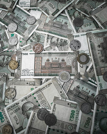 rupia indiana, colpo del primo piano, diversità valutaria, distesa piatta, banconote, monete, Reserve Bank of India, cinquecento rupie, scatto dettagliato, i soldi, valuta indiana