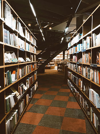 library aisle, wooden shelves, warmly lit, vast collection, books in bookshelves, checkered floor, indoor library, book collection, library interior, bookshelves, library atmosphere
