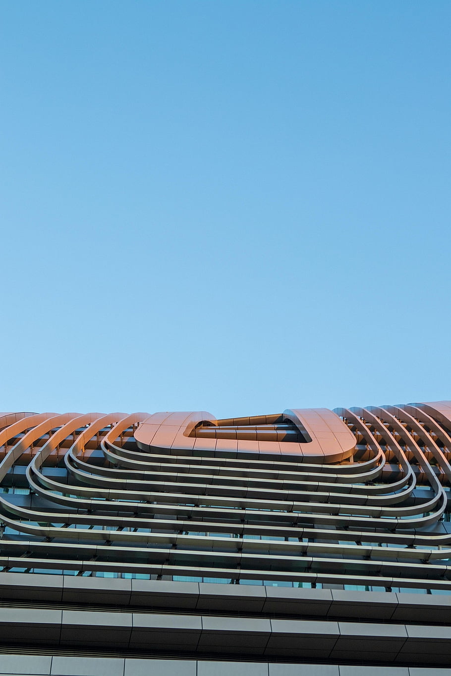 costruzione, architettura, moderno, bicchiere, curve, onde, tramonto