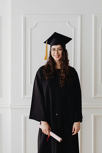 graduation, woman, black academic dress, white wall, cheerful, diploma, achievement, graduation attire, cap and gown, smiling, education