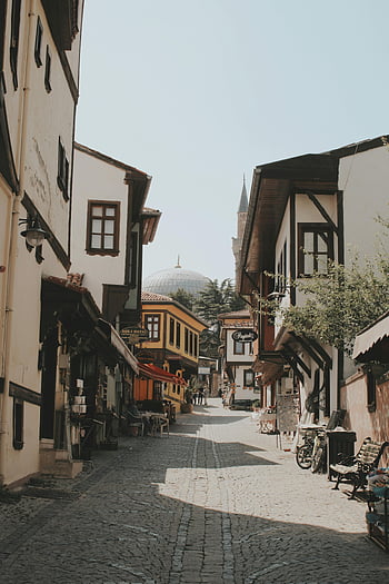 eskişehir, Türkiye, geleneksel mimarlık, pitoresk cadde, açık hava, Arnavut kaldırımlı sokak, tarihi yapılar, dükkanlar, kubbe, cami, ağaçlar