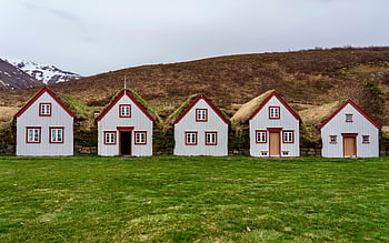 grass-roofed houses, traditional houses, Iceland, Laufás, historic houses, architectural heritage, white houses, red trim, rural landscape, unique architecture, historic architecture