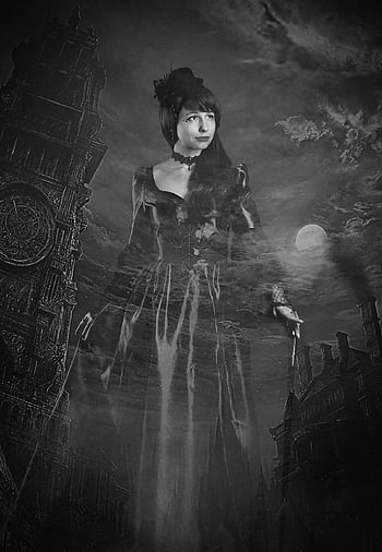 london, victorian Era, lady, night, double Exposure, fog, old London, england, fantasy, black And White, the Victorian Era
