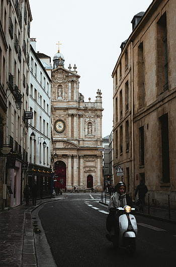 narrow street, old buildings, vintage architecture, charming Paris street, church building, Paris street, vintage buildings, street scene, urban architecture, European street, church facade