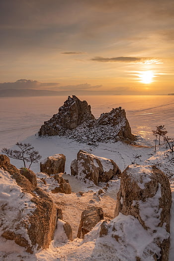 skalní útvary, jinovatka, jezero Bajkal, siberia, zimní, Rusko, sníh, snowscape, Příroda, zasněžený, západ slunce