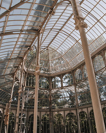 palacio de cristal, Madrid, Španělsko, architektura skla, vnitřní pohled, ohromující interiér, skleněný palác, Madridská architektura, křišťálový palác, skleněná konstrukce, stropní strop