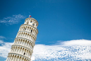 Leaning Tower of Pisa, Italy, blue sky, architectural elegance, low angle view, iconic tower, vibrant sky, Pisa landmark, historic architecture, European travel, tourist attraction