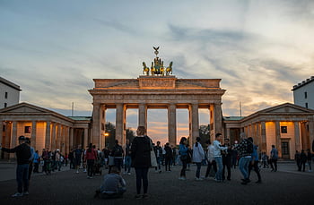 brandenburská brána, Berlín, západ slunce, turistů, Historická krása, Německo, cestovat, mezník, architektura, večer, prohlížení památek