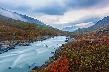 river, valley, mountains, stream, fall, autumn, fog, landscape, nature, scenic, jotunheimen National Park