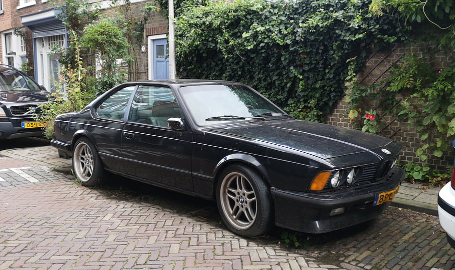 BMW, 635i, 1985, auto, nero, coupe, maiolica di delft, Vintage ▾, parcheggiata, strada, targa