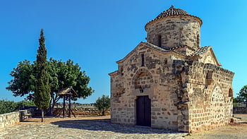kostel, architektura, fasáda, kamenné práce, kamenné zdi, zdivo, cihly, Kypr, vrysoules, ayios georgios acheritou, ortodoxní