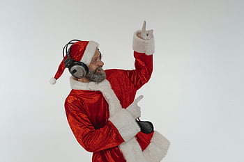 starší muž, kostým santa, tanec, hudba, Slavnostní oslava, Červený kostým, sluchátka, Ježíšek, Vánoce, rekreační duch, oslava
