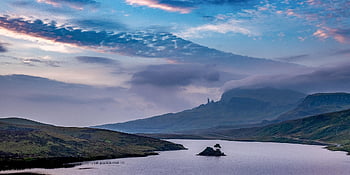 isle of skye, jezero, Příroda, krajina, Skotsko, svítání, hora, scenérie, modrá obloha, mraky, ostrov