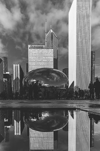 cloud gate, Chicago, Černý a bílý, panoráma města, mrakodrapy, fazole sochařství, odraz, voda, městský, mezník, architektura