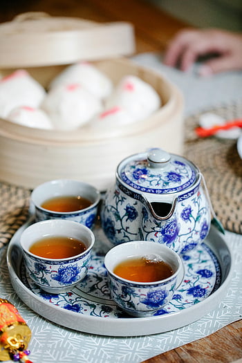 čínský čajový set, voňavý čaj, čerstvé baozi, Tradiční čaj, vnitřní stůl, čínské baozi, čajové šálky, čajový podnos, Květinový čajový soubor, dim sum, čajový ceremoniál