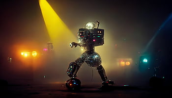 robot menari, tahap, Lampu sorot yang penuh warna, robot bola disko, Sorotan yang semarak, Tahap yang remang -remang, kinerja robot, pertunjukan panggung, hiburan robot, hiburan panggung, pertunjukan tari robot