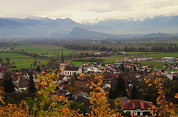 kopec, hory, révy, vinice, kostel, vzdálený pohled, podzim, zataženo, večer, město, švýcarsko